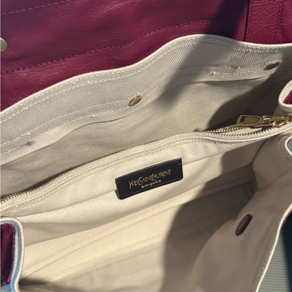 Authentic YVES SAINT LAURENT Muse Toe Leather Canvas Handbag Maroon - Picture 6 of 11